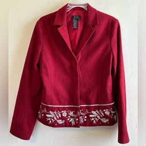 BCBG Max Azaria Red Wool Festive Metallic Embroidered Blazer Jacket Sz 8